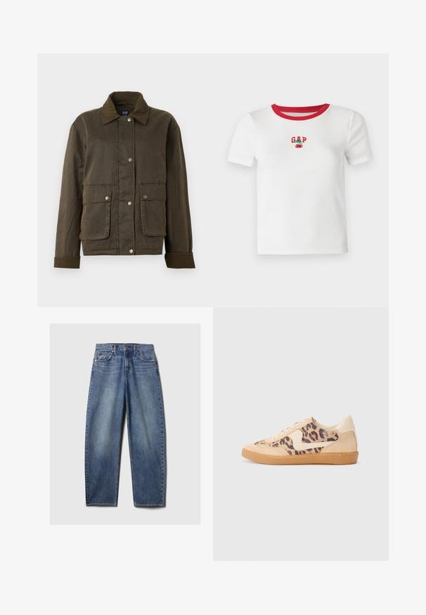 Tumši olīvu zaļš džemperis ar korduroja apkakli un piedurknēm, priekšējiem pogām ar spiedpogām un divām lielām kabatām ar atloku.; Balta īsām piedurknēm T-krekls ar sarkanu ribotu apkakli, ar izšūtu "GAP" tekstu un ķirša dizainu priekšā. Izgatavots no ribota auduma.; Zilās džinsās ar brīvu piegulšanu, piecas kabatas, vara kniedes un izbalējusi krāsa. Taisnas kājas ar gludu apdari.; Leoparda drukas kedas ar beidzējo zamša virsu, brūnu gumijas zoli un baltām akcenta detaļām. Apļveida purngals un auklu aizdare ar strukturētu virsmu.