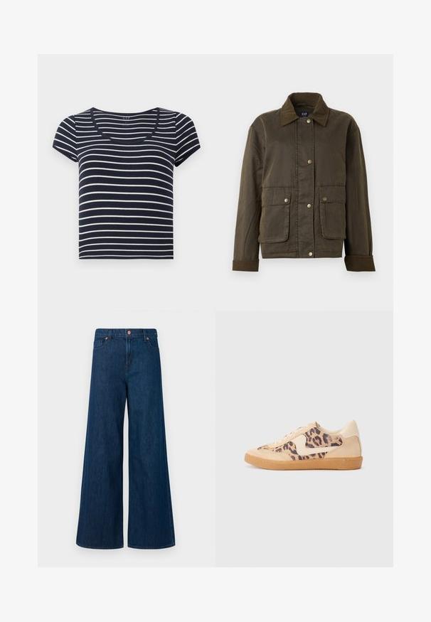 Donkergroen olijfjack met ribfluwelen kraag en manchetten, vooraan drukknoopsluitingen en twee grote flapzakken.; Marineblauwe en witte gestreepte T-shirt met korte mouwen en een ronde hals. Gemaakt van zachte stof, met gelijkmatige horizontale lijnen in verschillende breedtes.; Blauwe wijde denim jeans met knoopsluiting aan de voorkant, riemlussen en een vijf-pocket ontwerp op een witte achtergrond.; Luipaardprint sneakers met een beige suède bovenkant, tan rubberen zool en witte accenten. Ronde neus en vetersluiting met een gestructureerde afwerking.