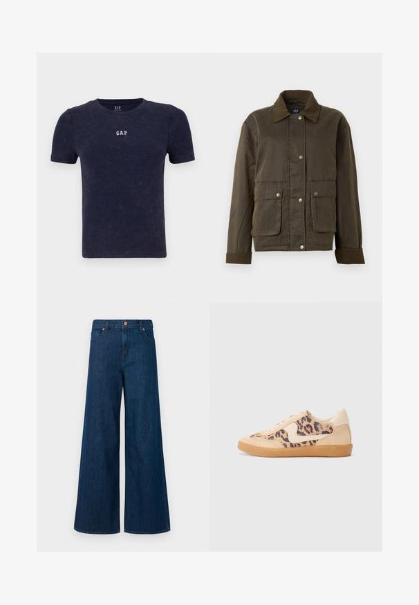 Tumši olīvu zaļš džemperis ar korduroja apkakli un piedurknēm, priekšējiem pogām ar spiedpogām un divām lielām kabatām ar atloku.; Tumši zila ribota t-kreklu ar īsām piedurknēm un apaļu izgriezumu. Ar mazu baltu "GAP" logo uz krūtīm. Mīksta tekstūra, ikdienišķs dizains.; Zilā, platā kāju džinsu bikses ar priekšējo pogu aizdari, jostu cilpām un piecu kabatu dizainu uz balta fona.; Leoparda drukas kedas ar beidzējo zamša virsu, brūnu gumijas zoli un baltām akcenta detaļām. Apļveida purngals un auklu aizdare ar strukturētu virsmu.