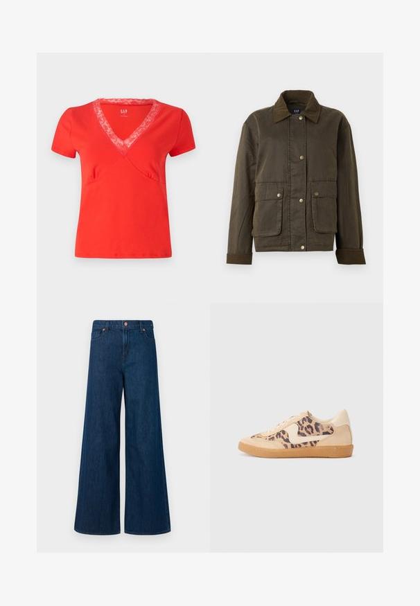 Tmavozelená bunda s kordovým golierom a manžetami, s prednými cvokmi a dvoma veľkými vreckami na klopu.; Červené tričko s krátkymi rukávmi a výstrihom do V, ktorý je ozdobený čipkovým lemom. Mäkká látka, priliehavý strih a dekoratívne prešitie pozdĺž švov.; Modré široké denimové džínsy s predným zapínaním na gombík, pútkami na opasok a dizajnom s piatimi vreckami na bielom pozadí.; Tenisky s leopardím vzorom, s béžovým semišovým zvrškom, svetlohnedou gumovou podrážkou a bielymi akcentmi. Okrúhla špička a šnurovací dizajn s textúrovaným povrchom.