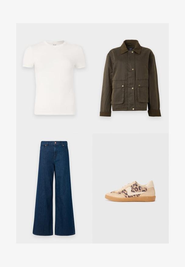 Temno olivno-zelena jakna s kordurojnim ovratnikom in manšetami, sprednjimi gumbnimi zapirali in dvema velikima žepoma z zavihkom.; Bela majica s kratkimi rokavi iz mehkega bombaža, z okroglim izrezom in ravnim krojem. Brez vzorcev ali okrasnih dodatkov.; Modri široki kavbojki z gumbnim zapiranjem spredaj, zankami za pas in petimi žepi na belem ozadju.; Teniske s leopardjim vzorom z zgornjim delom iz bež semiša, rjavim gumijastim podplatom in belimi detajli. Okrogla konica in vezenje z vezalkami ter teksturirana površina.