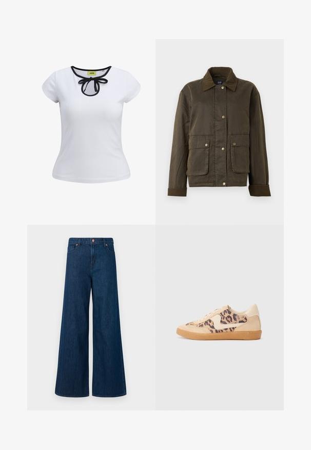 Tamsiai alyvuogių žalia striukė su velveto apykakle ir rankovėmis, priekiniai snap mygtukai ir dvi didelės kišenės su užklotais.; Balta trumpa rankovėmis marškinėliai su juodu apvadu aplink kaklą ir kaspinėlio detalė centre. Pagaminta iš lygaus medvilnės audinio.; Mėlynos plačios džinsinės kelnės su priekiniais mygtukais, diržo kilpos ir penkių kišenių dizainu ant balto fono.; Leopardų rašto sportiniai batai su smėlio spalvos zomšiniu viršumi, rusvu guminiu padu ir baltais akcentais. Apvalus nosis ir raištelių užsegimas su tekstūruotu paviršiumi.