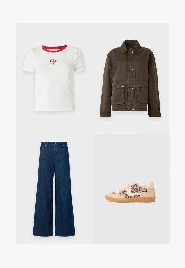 Sötét olívazöld dzseki, kordbársony gallérral és mandzsettával, elülső patentgombokkal és két nagy füles zsebből.; Fehér, rövid ujjú póló piros bordás gallérral, amelyen hímezett "GAP" felirat és cseresznye mintázat található az elején. Bordás anyagból készült.; Kék, bő szárú farmernadrág elöl gombos záródással, övhurkokkal és öt zsebes kivitelben fehér háttér előtt.; Leopárdmintás sportcipő bézs velúr felsőrésszel, világosbarna gumitalppal és fehér kiegészítőkkel. Kerek orr, fűzős kialakítás, és textúrázott felület jellemzi.
