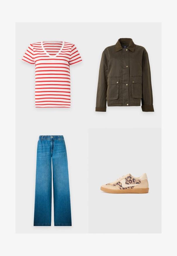 Dunkelolivgrüne Jacke mit Cordkragen und -manschetten, vorderen Druckknöpfen und zwei großen Klappentaschen.; Rot-weiß gestreiftes V-Ausschnitt-T-Shirt aus weicher Baumwolle, mit kurzen Ärmeln und lockerer Passform. Einfaches Design mit gleichmäßigen Streifen.; Weit geschnittene Jeans aus hellblauem Denim, mit einem elastischen Bund, einem Knopfverschluss und einem geraden Schnittdesign mit ausgeblichenem Effekt.; Löwenmuster-Sneaker mit beige Wildleder-Obermaterial, tanfarbener Gummisohle und weißen Akzenten. Runde Zehenform und Schnürdesign mit strukturiertem Finish.