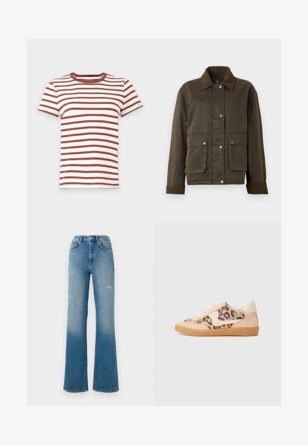 Chaqueta de color verde oliva oscuro con cuello y puños de pana, botones de presión en la parte delantera y dos grandes bolsillos con solapa.; Camiseta de rayas marrones y blancas con cuello redondo, mangas cortas y un corte ligeramente ajustado. Fabricada con material de algodón suave.; Jeans de mezclilla azul de talle alto con leve desgastes en los muslos, estilo de cinco bolsillos y diseño de pierna acampanada.; Zapatillas de leopardo con parte superior de ante beige, suela de goma marrón y acentos blancos. Punta redonda y diseño con cordones con un acabado texturado.