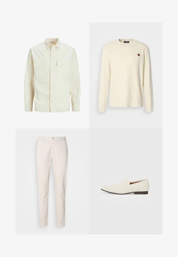 Light beige long-sleeve shirt with a collared neckline, two front pockets, button closure, and a textured fabric.; Cream ribbed long-sleeve sweater with crew neck and brown circular patch logo on left chest.; Scotch & Soda SEASONAL CORE STUART - Chinos - highway grey; Light beige loafers with a pointed toe, smooth material, a strap across the vamp, and a low brown sole. Simple design with minimal accents.