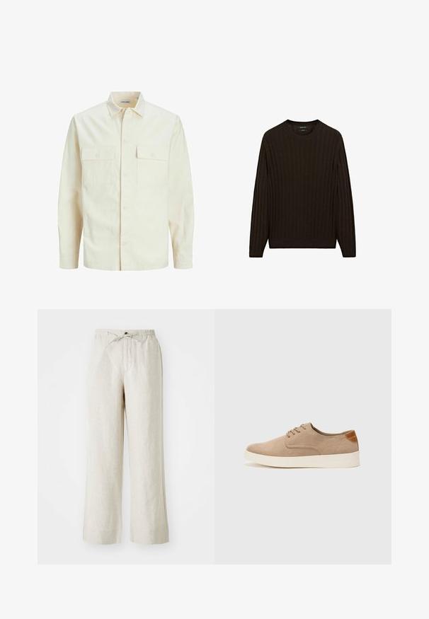 Lys beige langærmet skjorte med krave, to forlommer, knaplukning og et tekstureret stof.; Brun ribbet sweater med lange ærmer og rund hals. Har et tekstureret stof og en tætsiddende pasform i taljen og ved manchetterne.; Linnedbukser i en lys beige farve med en løs pasform, elastisk talje med snor og sidelommer for ekstra bekvemmelighed.; Beige ruskinds sneakers med rund tå, snørebånd foran og en struktureret rygdetalje. Hvid gummisål giver kontrast. Enkel og moderne design.