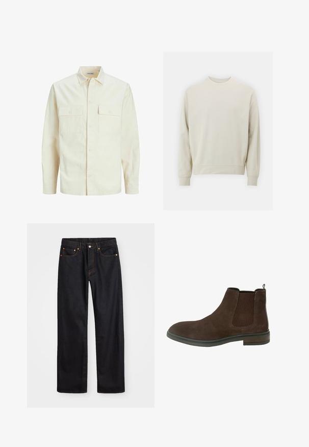Camicia beige chiaro a maniche lunghe con colletto, due tasche frontali, chiusura a bottoni e un tessuto texturizzato.; Felpa beige chiaro realizzata in morbido tessuto con collo rotondo, maniche lunghe e polsini e orlo a costine. Design minimalista, senza motivi visibili.; Jeans neri in denim dritto da uomo con cinque tasche e cuciture arancioni, chiusura con bottone e zip sulla vita anteriore.; Stivale ankle in suede marrone con pannelli elastici laterali, punta rotonda e tacco basso impilato. Presenta un dettaglio di cucitura lungo la suola.