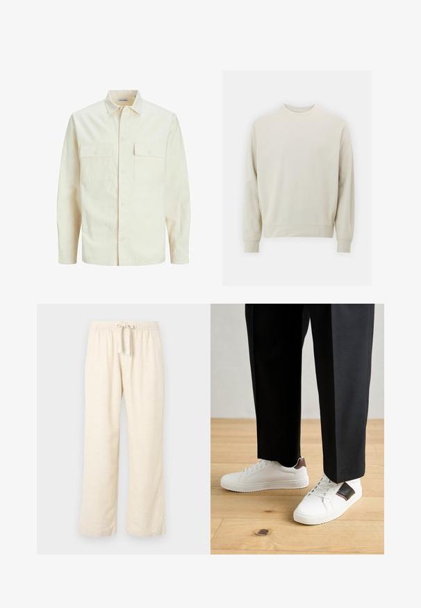 Lys beige langærmet skjorte med krave, to forlommer, knaplukning og et tekstureret stof.; Lys beige sweatshirt lavet af blødt stof med rund hals, lange ærmer og ribbede manchetter og kant. Minimalistisk design uden synlige mønstre.; Linnedragt i off-white med brede ben, med en elastisk talje og bindebånd. Glat tekstur og fuld længde.; Hvide sneakers med glat tekstur, prydet med brune læderdetaljer og sorte detaljer, sammen med sorte skræddersyede bukser. Baggrund med trægulv.