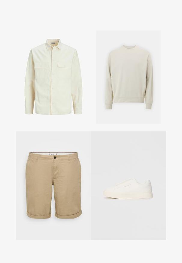 Svetlo bež srajca z dolgimi rokavi, ovratnim izrezom, dvema sprednjima žepoma, zapenjanjem na gumbe in teksturirano tkanino.; Svetlo bež sweatshirt iz mehkega blaga s krožnim izrezom, dolgimi rokavi ter rebrastimi manšetami in robom. Minimalističen dizajn, brez vidnih vzorcev.; Svetlo khaki kratke hlače z ravnim krojem, narejene iz bombaža. Imajo en sam sprednji gumb, stranske žepke in zavihane robove.; Bele zapete brez vezalk z teksturirano površino, debelim podplatom in minimalističnim dizajnom. Na strani se nahaja logotip blagovne znamke.
