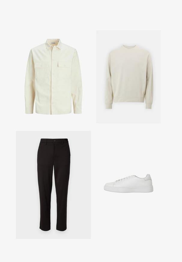 Light beige long-sleeve shirt with a collared neckline, two front pockets, button closure, and a textured fabric.; Light beige sweatshirt made of soft fabric with a crew neck, long sleeves, and ribbed cuffs and hem. Minimalist design, no visible patterns.; Black trousers made of lightweight fabric, featuring a straight leg, front button closure, belt loops, and side pockets.; White sneaker made of smooth leather with a rounded toe, stitched details, and a flat rubber sole. Minimalist design with lace-up closure.