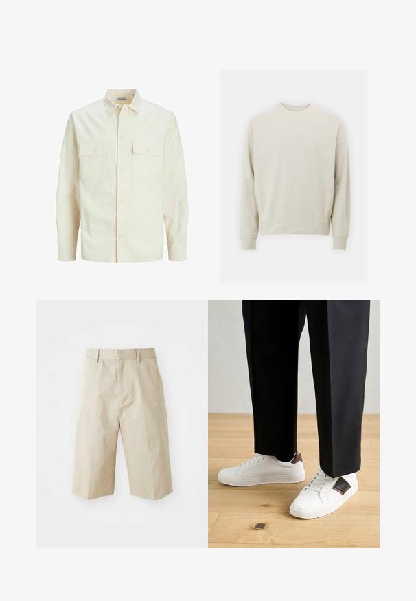 Svetlo béžová košeľa s dlhým rukávom, s golierom, dvoma prednými vreckami, zapínaním na gombíky a textúrovanou látkou.; Svetlo béžová mikina vyrobená z mäkkej tkaniny s okrúhlym výstrihom, dlhými rukávmi a pruhovanými manžetami a lemom. Minimalistický dizajn, bez viditeľných vzorov.; Bežové šité šortky so rovnými nohavicami, s pútkami na opasok, skladaným predným dielom a hladkou bavlnenou textúrou. Bez vreciek a ďalších detailov.; Biele tenisky s hladkým povrchom, s hnedými koženými akcentmi a čiernymi detailmi, spárované s čiernymi elegantnými nohavicami. Pozadím je drevená podlaha.