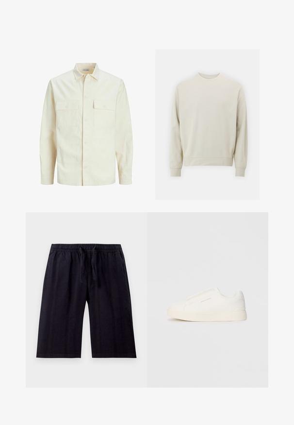 Cămașă lungă cu mâneci lungi de culoare bej deschis, cu guler, două buzunare frontale, închidere cu butoane și un material texturat.; Sweatshirt bej deschis, realizat dintr-un material moale, cu guler rotund, mâneci lungi și manșete și tiv din țesătură elastică. Design minimalist, fără modele vizibile.; Pantaloni scurți negri, până la genunchi, dintr-un material ușor. Au o talie elastică cu șnur și o textură netedă. Design simplu.; Tenisi albi slip-on cu o suprafață texturată, talpă groasă și un design minimalist. Prezintă logo-ul brandului pe lateral.