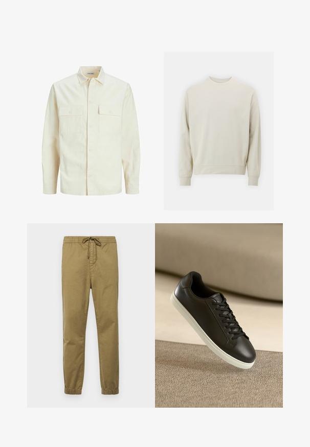 Svetlo bež srajca z dolgimi rokavi, ovratnim izrezom, dvema sprednjima žepoma, zapenjanjem na gumbe in teksturirano tkanino.; Svetlo bež sweatshirt iz mehkega blaga s krožnim izrezom, dolgimi rokavi ter rebrastimi manšetami in robom. Minimalističen dizajn, brez vidnih vzorcev.; Svetlo kaki hlače za jogging z elastičnim pasom, nastavljivo vrvico, zoženimi nogavicami in elastičnimi manšetami. Gladek, zračen material.; Črne usnjene superge z belo gumijasto podplatom in črnimi vezalkami, postavljene na bež tkaninsko površino in ozadje.