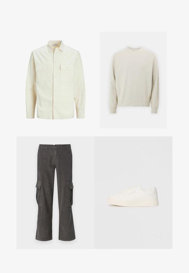 Cămașă lungă cu mâneci lungi de culoare bej deschis, cu guler, două buzunare frontale, închidere cu butoane și un material texturat.; Sweatshirt bej deschis, realizat dintr-un material moale, cu guler rotund, mâneci lungi și manșete și tiv din țesătură elastică. Design minimalist, fără modele vizibile.; Pantaloni cargo gri din catifea, cu o croială dreaptă, buzunare laterale și o textură ușor ondulată. Închidere cu nasture și fermoar la talie.; Tenisi albi slip-on cu o suprafață texturată, talpă groasă și un design minimalist. Prezintă logo-ul brandului pe lateral.