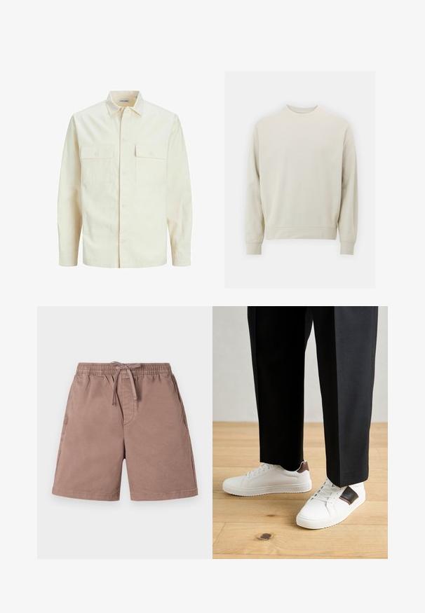 Light beige long-sleeve shirt with a collared neckline, two front pockets, button closure, and a textured fabric.; Light beige sweatshirt made of soft fabric with a crew neck, long sleeves, and ribbed cuffs and hem. Minimalist design, no visible patterns.; Light brown shorts made of soft fabric with an elastic waistband and drawstring. Features side pockets and a relaxed fit design.; White sneakers with smooth texture, featuring brown leather accents and black detailing, paired with black tailored pants. Wooden floor background.