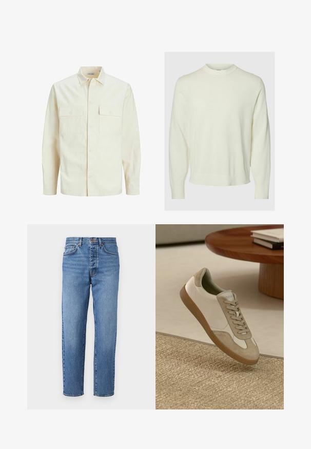 Šviesiai smėlio spalvos ilgomis rankovėmis marškiniai su apykakle, dviem priekinėmis kišenėmis, mygtukų uždarymu ir tekstūruota medžiaga.; Ilgų rankovių kreminės spalvos megztinis su apvaliu kaklu, su gipiūro rankogaliais ir juosta, pristatytas ant paprasto šviesaus fono.; Šviesiai mėlyni džinsai su tiesiu siluetu, penkiomis kišenėmis ir mygtukų užsegimu. Išblukusi tekstūra su lengvu plovimu priekyje.; Lengvas sportinis batelis su baltu odiniu viršumi, su kreminėmis zomšos detalėmis, apvalia nosimi ir tekstūruotu rudu guminio padu.