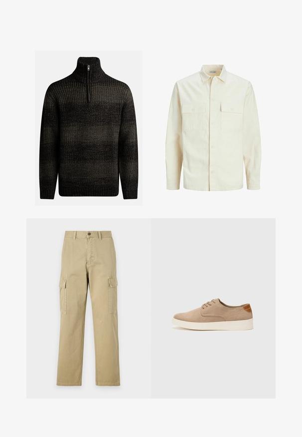 Cămașă lungă cu mâneci lungi de culoare bej deschis, cu guler, două buzunare frontale, închidere cu butoane și un material texturat.; Pulover din lână de culoare închisă, cu guler înalt și fermoar de un sfert. Are un model texturat cu nuanțe variate de negru și gri.; Pantaloni cargo bej din bumbac, cu două buzunare laterale, închidere cu nasture și picioare drepte dintr-un material ușor texturat.; Tenisi din suede bej cu vârf rotund, sistem de șireturi în față și un accent texturat în spate. Talpa albă din cauciuc oferă un contrast. Design simplu și modern.