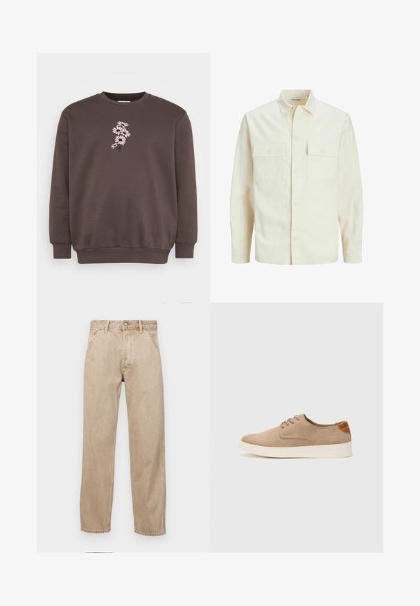 Camisa de manga larga color beige claro con cuello, dos bolsillos frontales, cierre de botones y una tela texturizada.; Sudadera marrón con cuello redondo y mangas largas. Presenta un diseño de bordado floral rosa en la parte frontal, tejido texturizado y puños acanalados.; Jeans de mezclilla beige con un diseño de pierna recta, que cuentan con bolsillos frontales, cierre de botón de metal y una textura sutil.; Zapatillas de ante beige con puntera redondeada, cordones en la parte delantera y un acento texturizado en la parte trasera. La suela de goma blanca proporciona contraste. Diseño sencillo y moderno.