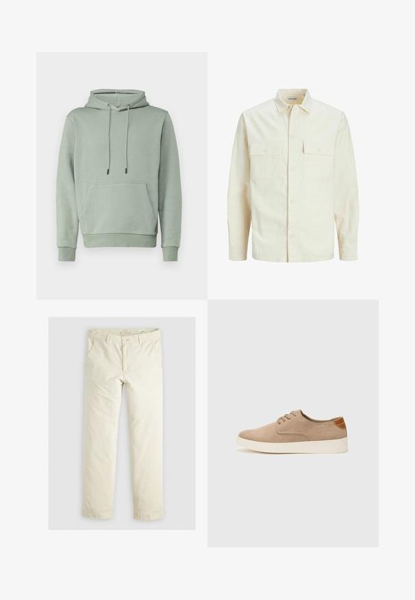 Cămașă lungă cu mâneci lungi de culoare bej deschis, cu guler, două buzunare frontale, închidere cu butoane și un material texturat.; Jack & Jones JJEBRADLEY HOOD - Bluză de molton - iceberg green; Pantaloni lejeri de culoare bej deschis, cu trei buzunare, bretele și un design cu picior drept. Realizați dintr-un material moale din amestec de bumbac.; Tenisi din suede bej cu vârf rotund, sistem de șireturi în față și un accent texturat în spate. Talpa albă din cauciuc oferă un contrast. Design simplu și modern.