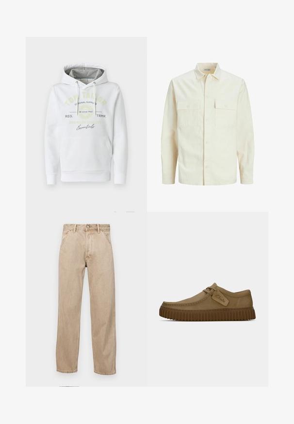 Világos bézs színű, hosszú ujjú ing, galléros nyakkal, két elülső zsebbel, gombos záródással és struktúrált anyaggal.; Fehér kapucnis pulóver, puha anyagból készült, elülső zsebbel, szürke bélésű kapucnival, zöld és fekete nyomtatott márkajelzéssel.; Beige színű farmernadrág egyenes fazonnal, elülső zsebekkel, fém gombos záródással és diszkrét textúrával.; Világosbarna velúr cipők, lekerekített orral, díszített varrással és bordás barna gumi talppal. Az oldalon található egy címke a "Clarks" logójával.