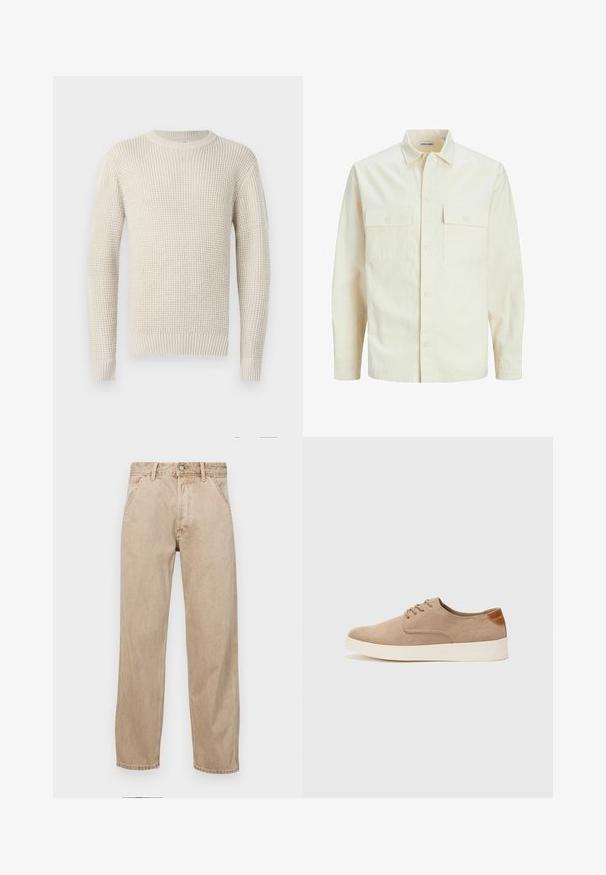 Svetlo béžová košeľa s dlhým rukávom, s golierom, dvoma prednými vreckami, zapínaním na gombíky a textúrovanou látkou.; Krémový pletený sveter s rebrovanou textúrou, okrúhlym výstrihom a dlhými rukávmi. Má voľný strih a elastické manžety a spodný lem.; Bežové denimové rifle so strihom rovného nohu, s prednými vreckami, kovovým zapínaním na gombík a jemnou textúrou.; Béžové semišové tenisky s okrúhlou špičkou, šnurovaním vpredu a textúrovaným zadným akcentom. Biela gumová podrážka poskytuje kontrast. Jednoduchý a moderný dizajn.
