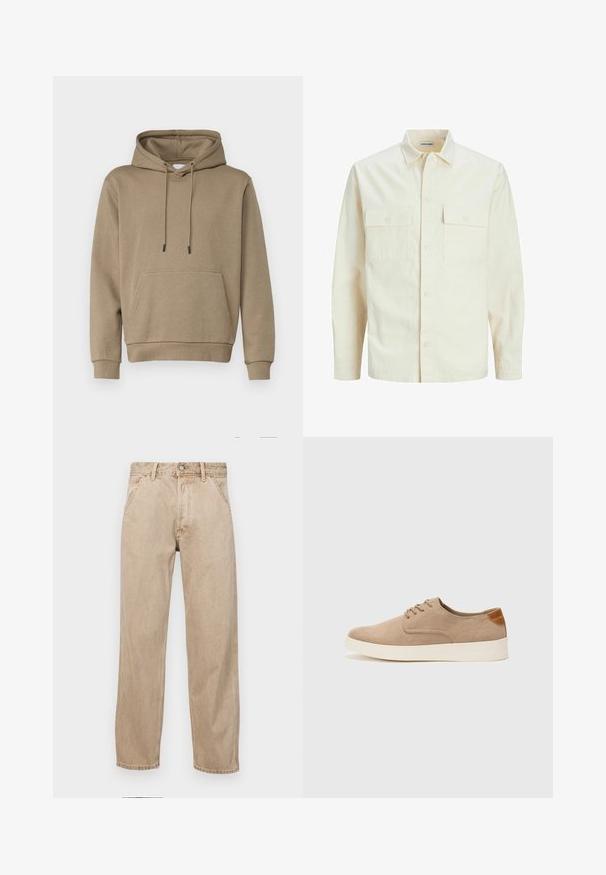 Šviesiai smėlio spalvos ilgomis rankovėmis marškiniai su apykakle, dviem priekinėmis kišenėmis, mygtukų uždarymu ir tekstūruota medžiaga.; Šviesiai rudos spalvos hoody, pagamintas iš minkštos medžiagos. Turi priekinę kišenę ir elastingus rankogalius. Paprastas dizainas su raišteliais.; Smėlio spalvos džinsai su tiesia kojų siluetu, turintys priekinę kišenę, metalinį mygtuką ir subtilią tekstūrą.; Bežiniai zomšiniai sportbačiai su apvaliomis pirštų dalimis, raišteliais priekyje ir tekstūruotu užkulniu. Balta guma suteikia kontrastą. Paprastas ir modernus dizainas.