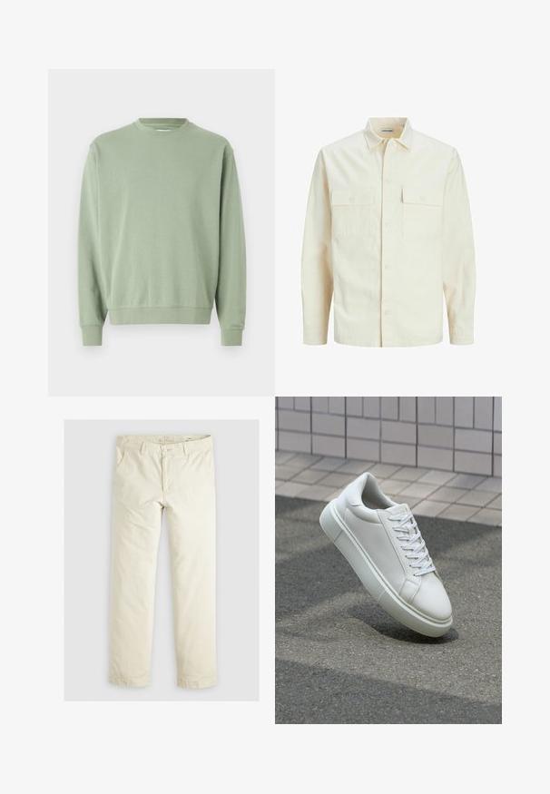 Világos bézs színű, hosszú ujjú ing, galléros nyakkal, két elülső zsebbel, gombos záródással és struktúrált anyaggal.; Világoszöld crewneck pulóver hosszú ujjakkal, puha anyagból készült, bordás mandzsettákkal és hempergő szabással, valamint laza szabással.; Világos bézs, laza szabású nadrág három zsebbel, övpántokkal és egyenes szárú kialakítással. Puha pamut keverék anyagból készült.; Fehér bőr sportcipő sima felülettel, kerek orral és lapos fehér fűzőkkel. Texturált gumitalppal és minimális dizájnelemekkel rendelkezik.