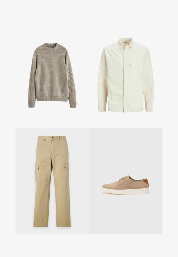 Light beige long-sleeve shirt with a collared neckline, two front pockets, button closure, and a textured fabric.; Beige ribbed sweater with a round neckline, long sleeves, and a textured knit pattern. Features a ribbed hem and cuffs.; Beige cargo pants made of cotton, featuring two side pockets, a button closure, and straight legs with a slightly textured fabric.; Beige suede sneakers with a rounded toe, lace-up front, and a textured back accent. White rubber sole provides contrast. Simple and modern design.