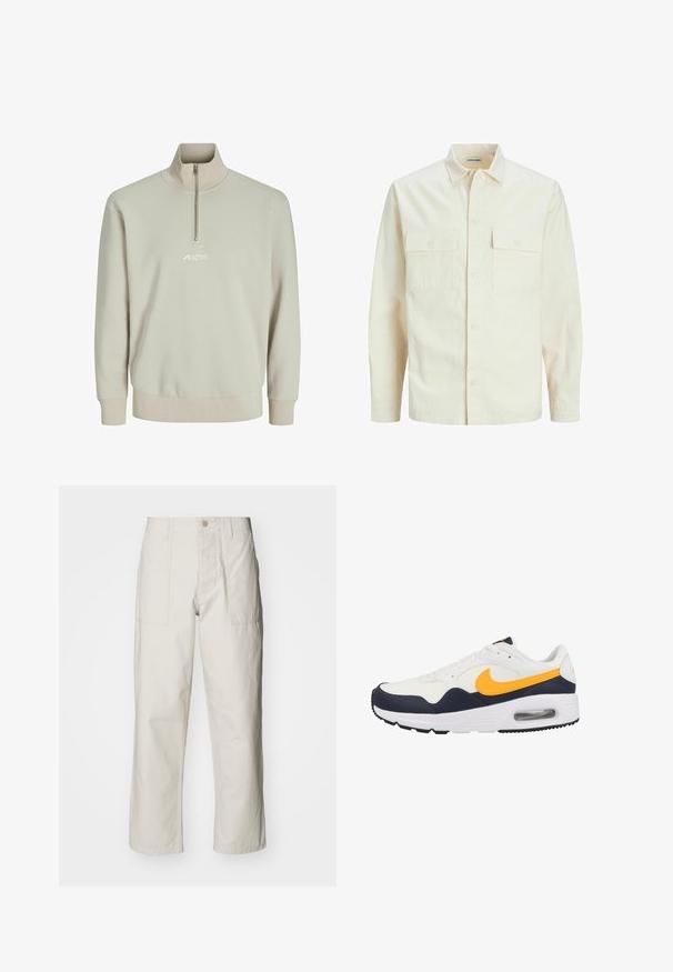 Light beige long-sleeve shirt with a collared neckline, two front pockets, button closure, and a textured fabric.; Light beige half-zip sweatshirt made of soft fabric, featuring ribbed cuffs and an embroidered logo at the chest. Smooth texture.; Light beige wide-leg pants made of cotton. Features front pockets and a button closure. Smooth texture with subtle vertical lines.; Nike Sportswear AIR MAX SNEAKER - Trainers - white thunder blue racer pink laser orange hf