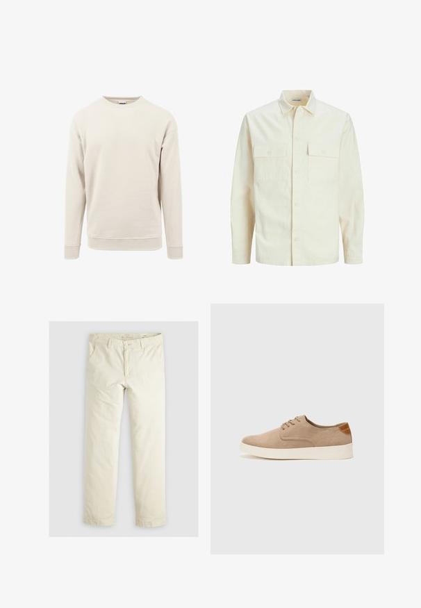 Světle béžová košile s dlouhým rukávem, límečkem, dvěma předními kapsami, zapínáním na knoflíky a strukturovanou tkaninou.; Světle béžová mikina vyrobená z měkké tkaniny, s kulatým výstřihem, dlouhými rukávy a žebrovanými manžetami na rukávech a lemu.; Svetlé béžové volné kalhoty s třemi kapsami, poutky na opasek a rovnými nohavicemi. Vyrobeno z měkké směsi bavlny.; Béžové semišové tenisky s kulatou špičkou, šněrováním vpředu a texturovaným zadním akcentem. Bílá gumová podrážka poskytuje kontrast. Jednoduchý a moderní design.