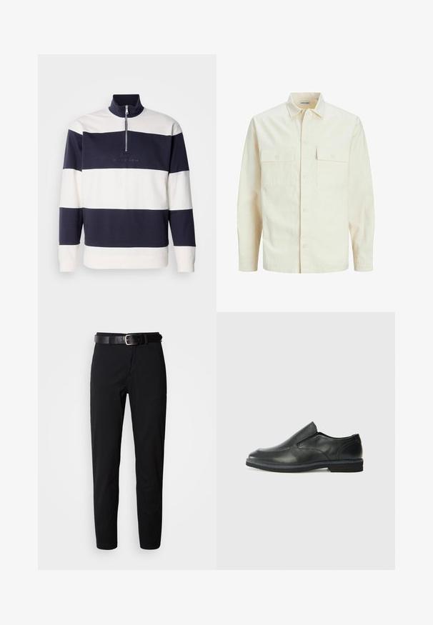 Világos bézs színű, hosszú ujjú ing, galléros nyakkal, két elülső zsebbel, gombos záródással és struktúrált anyaggal.; Tengerészkék és fehér csíkos pulóver, magas gallérral és negyed zipzárral. Puha pamut anyag, elöl hímzett logóval.; Fekete, egyenes szabású nadrág sima textúrával, fekete bőr öv ezüst csattal. Egyszerű dizájn, minta vagy díszítés nélkül.; Fekete bőr, slip-on cipő sima felsőrésszel, varrott díszítéssel, lekerekített orral és alacsony gumitalppal. A talpa minimális bordázattal rendelkezik.