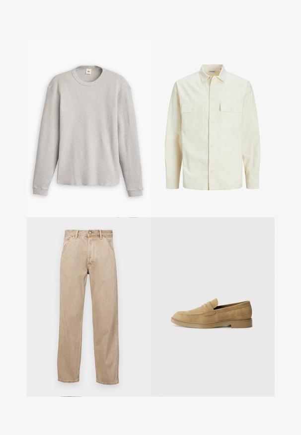 Lichtbeige langemouwen shirt met een kraaghalslijn, twee voorzakken, knoopsluiting en een gestructureerde stof.; Grijze lange mouwen trui van gebreid materiaal met een geribbeld patroon, ronde halslijn en rechte zoom. De manchetten zijn aansluitend en gemaakt van zachte stof.; Beige denim jeans met een recht gesneden ontwerp, voorzien van voorzakken, een metalen knoopsluiting en een subtiele textuur.; Tan suède instappers met een ronde neus, lage blokhak en gestikte details op de bovenkant. Gladde textuur en minimalistisch ontwerp.