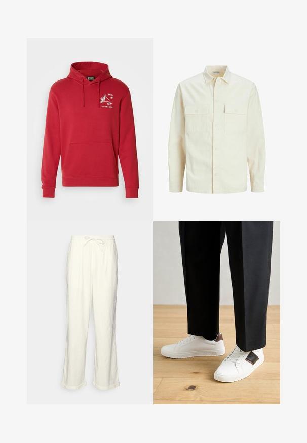 Világos bézs színű, hosszú ujjú ing, galléros nyakkal, két elülső zsebbel, gombos záródással és struktúrált anyaggal.; Piros pamut kapucnis pulóver, kenguru zsebbel, húzózsinórral ellátott kapucnival, és fehér grafikával a mellkasán, amely geometriai mintázatot ábrázol.; Sötétfehér len nadrág, húzózsinóros derékkal, enyhén bő szárakkal és feltekert szegéllyel a laza illeszkedés érdekében. Zsebek nélkül.; Fehér sneaker, sima textúrával, barna bőr díszítéssel és fekete részletekkel, fekete szabott nadrággal párosítva. Fából készült padló háttér.