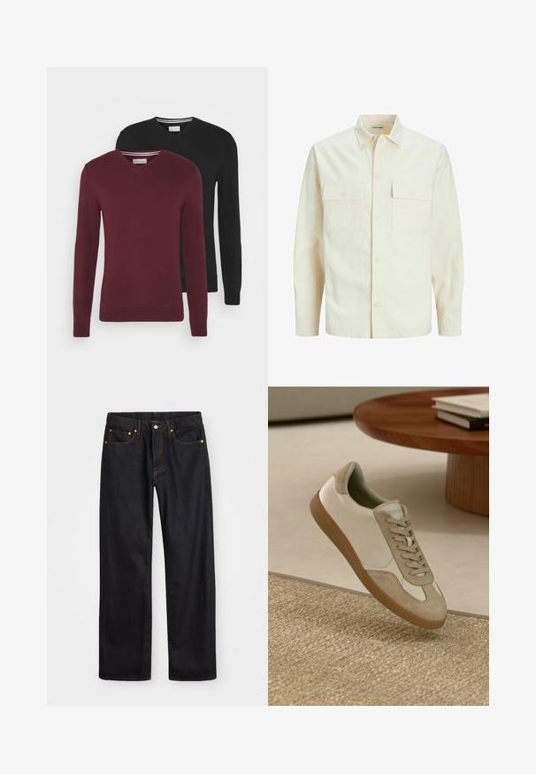 Hellbeige Langarmhemd mit klassischem Kragen, zwei Fronttaschen, Knopfverschluss und strukturiertem Stoff.; Zwei V-Ausschnitt-Pullover in burgunderrot und schwarz. Beide haben lange Ärmel und gerippte Bündchen, gefertigt aus einem weichen Strickmaterial. Streifenverzierung am Kragen.; Herren gerade geschnittene schwarze Jeans aus Denim mit fünf Taschen und orangefarbenen Nähten, Knopf- und Reißverschluss vorne am Bund.; Leichtgewichtiger Sneaker mit einem Obermaterial aus weißem Leder und beigen Wildlederakzenten, runder Zehenpartie und einer strukturierten braunen Gummisohle.