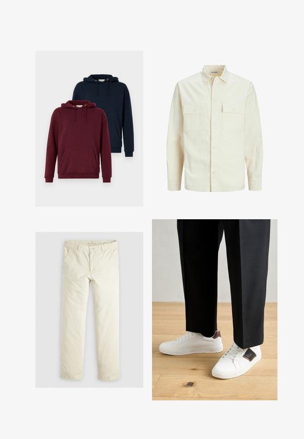 Chemise longue à manches longues beige clair avec un col, deux poches frontales, fermeture à boutons et un tissu texturé.; Deux sweats à capuche : un bourgogne et un navy. Les deux ont une poche kangourou à l'avant, des capuchons réglables, des poignets côtelés et une texture de tissu douce.; Pantalons loose-fit beige clair avec trois poches, passants de ceinture et une coupe droite. Fabriqués en un doux mélange de coton.; Des sneakers blanches au texture lisse, avec des accents en cuir marron et des détails noirs, assorties à un pantalon noir ajusté. Fond en parquet.