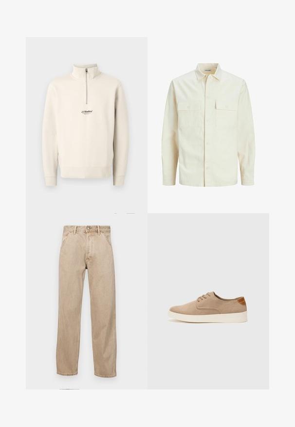 Cămașă lungă cu mâneci lungi de culoare bej deschis, cu guler, două buzunare frontale, închidere cu butoane și un material texturat.; Sweatshirt bej cu fermoar până la jumătate, cu mâneci lungi și manșete ribbate. Are un mic logo negru "JJ Studios" pe piept. Fabricat dintr-un material moale.; Jeans din denim bej cu un design drept, care prezintă buzunare frontale, închidere cu buton metalic și o textură subtilă.; Tenisi din suede bej cu vârf rotund, sistem de șireturi în față și un accent texturat în spate. Talpa albă din cauciuc oferă un contrast. Design simplu și modern.