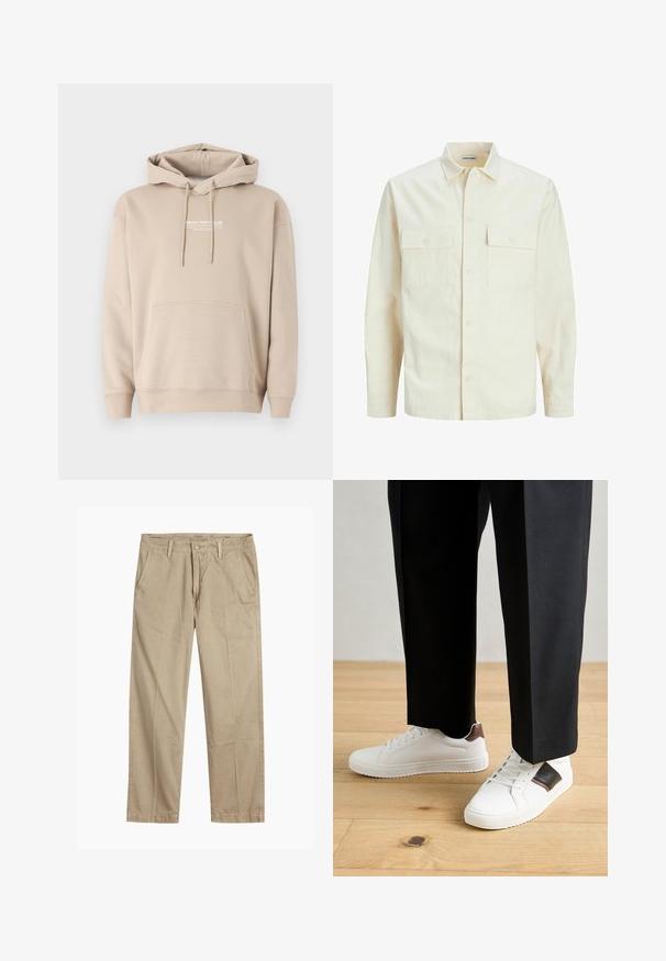 Camisa de manga larga color beige claro con cuello, dos bolsillos frontales, cierre de botones y una tela texturizada.; Sudadera con capucha en color beige, confeccionada en una mezcla de algodón, con un bolsillo tipo canguro en el frente y capucha con cordón. Logo impreso en el pecho. Textura suave.; Chinos beige de pierna recta con trabillas para cinturón, cierre de botón y cremallera en la parte delantera, y bolsillos delanteros inclinados.; Zapatillas blancas con textura suave, con acentos de cuero marrón y detalles en negro, combinadas con pantalones negros ajustados. Fondo de suelo de madera.