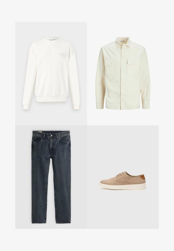 Camisa de manga larga color beige claro con cuello, dos bolsillos frontales, cierre de botones y una tela texturizada.; Sudadera blanca de canalé hecha de una tela suave, con cuello redondo, mangas largas y logo bordado en el pecho.; Vaqueros de mezclilla azul oscuro con un diseño de pierna recta, cinco bolsillos y cierre de botón. La tela presenta un sutil desgaste y textura.; Zapatillas de ante beige con puntera redondeada, cordones en la parte delantera y un acento texturizado en la parte trasera. La suela de goma blanca proporciona contraste. Diseño sencillo y moderno.