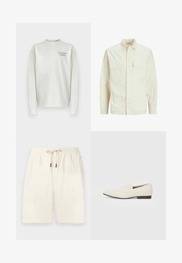 Kergedbež pika-särk pikkade varrukatega, krae ja kahe eespool asuva taskuga, nööpidega kinnitamine ja reljeefne materjal.; Valge pikkade varrukatega T-särk, ümmarguse kaelusega, millel on kontrastne must tikand rinnal. Valmistatud pehmest kangast, millel on vabalt istuv lõige.; Kreemi värvi lühikesed püksid, mis on valmistatud tekstureeritud kangast, millel on ruuduline muster. Omab elastset vööd, millel on nöör ja kahte külgtaskut.; Heledadbeez loafers, millelise lõpp, sile materjal, rihm üle vampi ja madal pruun talla. Lihtne disain minimaalse aktsentidega.