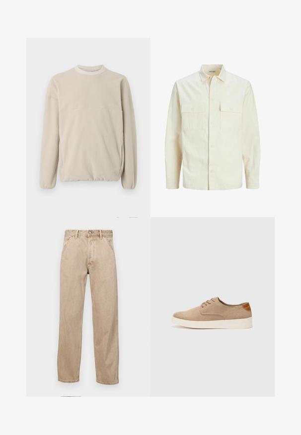 Chemise longue à manches longues beige clair avec un col, deux poches frontales, fermeture à boutons et un tissu texturé.; Sweatshirt en polaire beige clair avec un col rond, des poignets élastiques et une poche frontale. Texture douce, coupe décontractée et design minimaliste.; Jeans en denim beige avec une coupe droite, dotés de poches avant, d'une fermeture à bouton en métal et d'une texture subtile.; Baskets en daim beige avec un embout arrondi, un laçage sur le devant et un accent texturé à l'arrière. La semelle en caoutchouc blanche offre un contraste. Design simple et moderne.