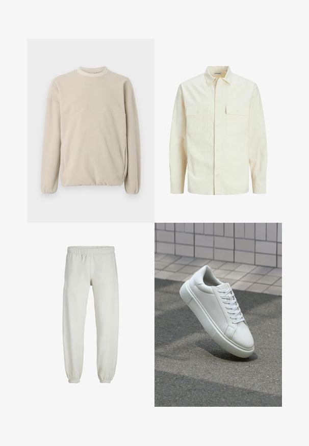 Kergedbež pika-särk pikkade varrukatega, krae ja kahe eespool asuva taskuga, nööpidega kinnitamine ja reljeefne materjal.; Helebeež värvi flanellist sviiter, millel on ümmargune kaelus, elastsed mansetid ja eesmine tasku. Pehme tekstuur, mugav lõige ja minimalistlik disain.; Valged trennipüksid, mis on valmistatud pehmest kangast, elastse vöökoha ja mansettidega, sileda tekstuuri ja lõdva lõikega.; Valge nahkline sneka, millel on sile pind, ümar varvas ja lame valge pael. Omab tekstuuriga kummist talla ja minimaalset kujunduselementi.