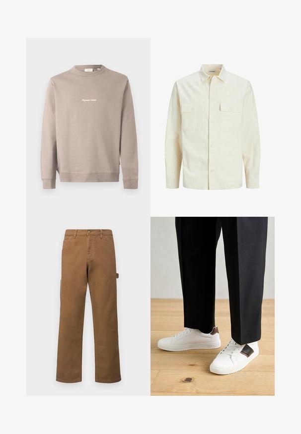 Világos bézs színű, hosszú ujjú ing, galléros nyakkal, két elülső zsebbel, gombos záródással és struktúrált anyaggal.; Beige pulóver hosszú ujakkal és kerek nyakkal. A mellrészen fehér hímzéssel található az "Original Studio" felirat. Sima textúrájú, bordázott mandzsettákkal.; Barna pamut cargo nadrág egyenes lábakkal, oldalsó zsebekkel és fém gombos zárással a deréknál. Sima textúra és laza dizájn.; Fehér sneaker, sima textúrával, barna bőr díszítéssel és fekete részletekkel, fekete szabott nadrággal párosítva. Fából készült padló háttér.