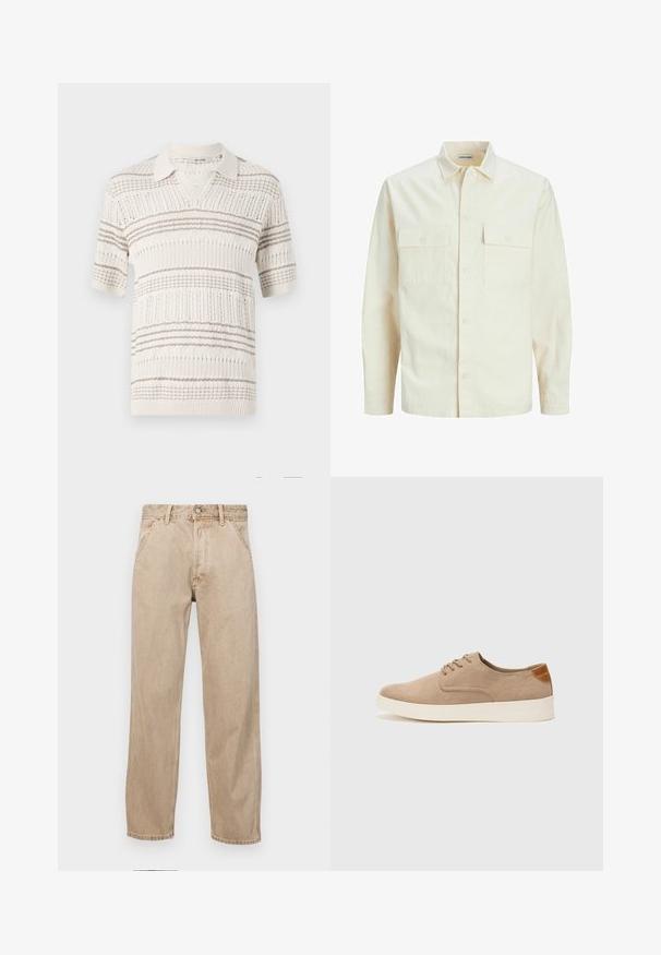 Gai bēšs garām piedurknēm krekls ar apkakles izgriezumu, divām priekšējām kabatām, pogu aizdari un teksturētu audumu.; Adīts īsām piedurknēm polo krekls bēšā krāsā ar gaiši brūnām horizontālām svītrām. Ar apkakles kakla izgriezumu un teksturētu rakstu visā virsmā.; Beige džinsi ar taisnu kāju dizainu, ar priekšējiem kabatām, metāla pogu aizdari un smalku faktūru.; Beige zamšādas kedas ar noapaļotu purngala daļu, auklēm saplacinātu priekšpusi un teksturētu aizmugures akcentu. Balta gumijas zole nodrošina kontrastu. Vienkāršs un mūsdienīgs dizains.