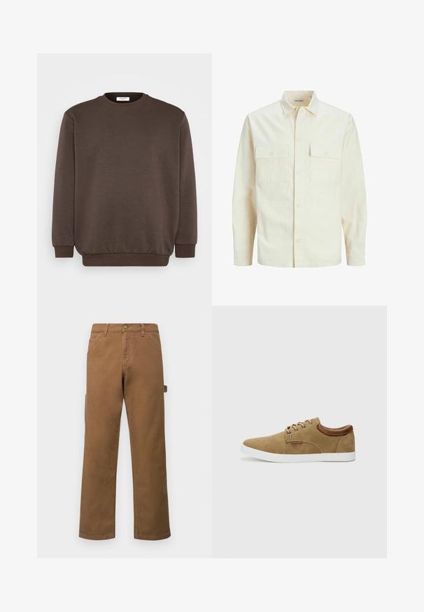 Light beige long-sleeve shirt with a collared neckline, two front pockets, button closure, and a textured fabric.; Jack & Jones JJEBRADLEY CREW - Sweatshirt - mulch; Brown cotton cargo pants with straight legs, featuring side pockets and a metal button closure at the waist. Smooth texture and casual design.; Tan suede sneaker with white rubber sole, brown leather accents on the heel, and silver eyelets for laces. Simple, rounded design.