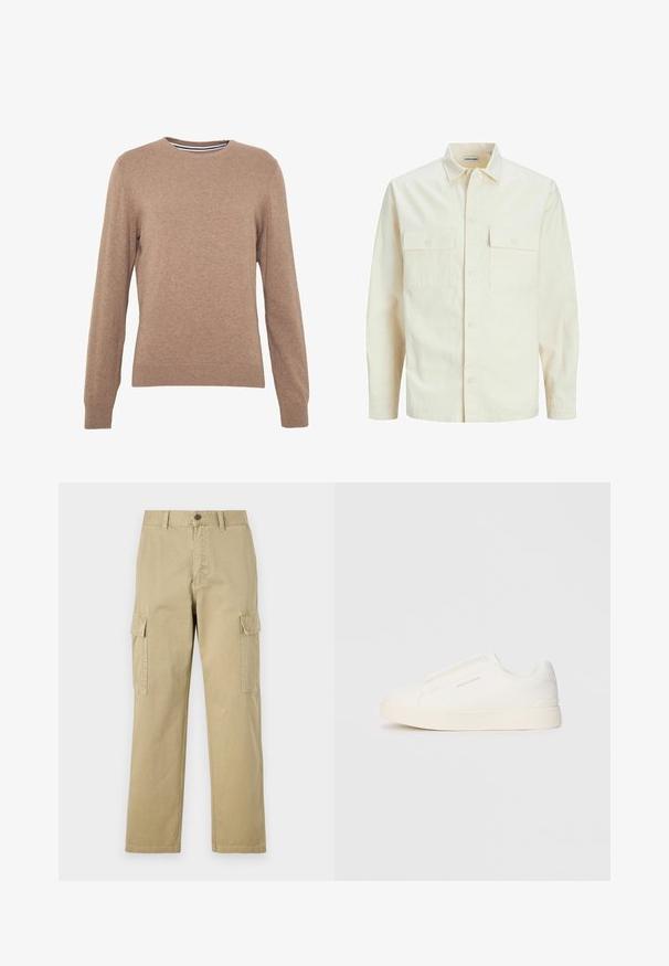 Lichtbeige langemouwen shirt met een kraaghalslijn, twee voorzakken, knoopsluiting en een gestructureerde stof.; Bruine trui van gebreide stof, met een ronde halslijn en lange mouwen. Gep eenvoudig ribbelmanchetten en -zoom, effen kleur met een zachte textuur.; Beige cargobroek van katoen, met twee zijzakken, een knoopsluiting en rechte pijpen van een licht gestructureerde stof.; Witte instap sneakers met een gestructureerd oppervlak, een dikke zool en een minimalistisch ontwerp. Bevat het merklogo aan de zijkant.