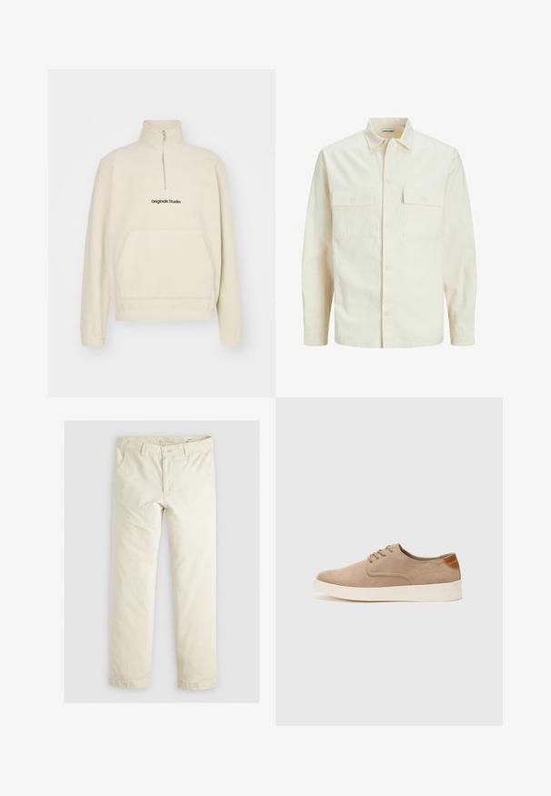 Hellbeige Langarmhemd mit klassischem Kragen, zwei Fronttaschen, Knopfverschluss und strukturiertem Stoff.; Beige-farbener Fleece-Pullover mit hohem Kragen, Reißverschluss und Fronttasche. Mit "Originals Studio"-Logo in Schwarz. Weicher Stoff.; Helle beigefarbene, lässig geschnittene Hose mit drei Taschen, Gürtelschlaufen und geradem Bein. Hergestellt aus einem weichen Baumwoll-Mix.; Beige Wildleder-Sneaker mit runder Zehenpartie, Schnürung und strukturiertem Rückenteil. Die weiße Gummisohle sorgt für einen Kontrast. Einfaches und modernes Design.