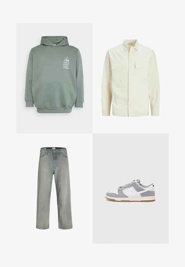 Svetlo bež srajca z dolgimi rokavi, ovratnim izrezom, dvema sprednjima žepoma, zapenjanjem na gumbe in teksturirano tkanino.; Svetlo zelena kapuca iz mehkega materiala. Ima sprednji žep, kapuco z vrvico in tiskano besedilo z grafičnim dizajnom na prsih.; Svetlo sivi, široki traperice iz denima. Ima klasični dizajn s pet džepova, petlje za remen i ravno krojenje.; Sive in bele teniske s suknim in usnjem zgornjim delom, zaobljenim nosom, ravnimi vezalkami in gumijastim podplatom z dodatkom gumijaste barve.