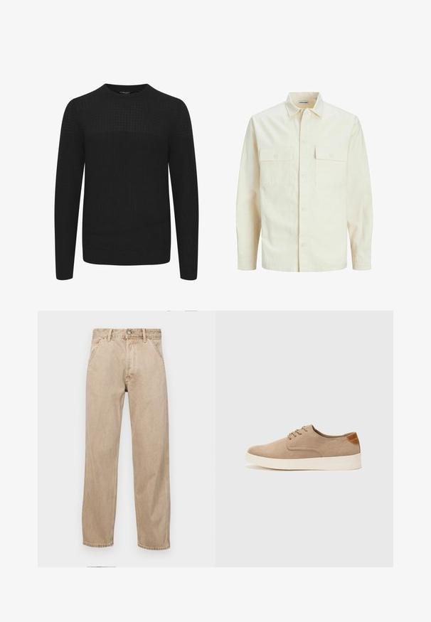 Hellbeige Langarmhemd mit klassischem Kragen, zwei Fronttaschen, Knopfverschluss und strukturiertem Stoff.; Schwarzer Strickpullover mit Rundhalsausschnitt, ausgestattet mit einem strukturierten Oberteil und gerippten Bündchen und Saum. Hergestellt aus einem weichen, warmen Stoff.; Beige Denim-Jeans mit geradem Beinschnitt, ausgestattet mit Vordertaschen, einem Metallknopfverschluss und feiner Textur.; Beige Wildleder-Sneaker mit runder Zehenpartie, Schnürung und strukturiertem Rückenteil. Die weiße Gummisohle sorgt für einen Kontrast. Einfaches und modernes Design.