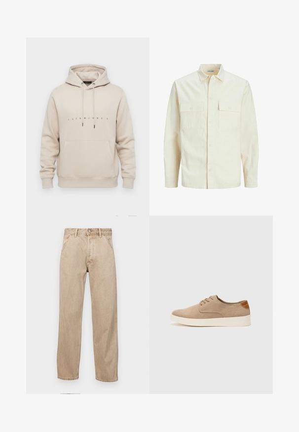 Svijetlo bež košulja dugih rukava s ovratnikom, dva prednja džepa, zatvaranje na dugmad i teksturirani materijal.; Bež dukserica s kapuljačom, prednjim džepom i natpisom "JACK & JONES" otisnutim malim crnim slovima na prsima.; Bež teksas traperice ravnog kroja, s prednjim džepovima, metalnim zakopčavanjem i suptilnom teksturom.; Bež nubuk tenisice s okruglim vrhom, vezanjem sprijeda i teksturiranim stražnjim naglaskom. Bijela gumena potpetica pruža kontrast. Jednostavan i moderan dizajn.